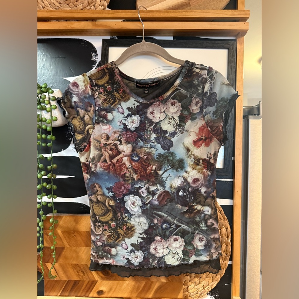 Almost Famous Y2K Renaissance Art Mesh Top Short Sleeve Size M